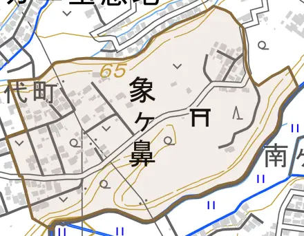 字象ケ鼻とその周辺の地図。町の範囲を重ねている