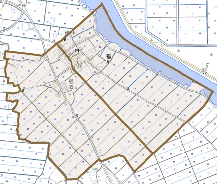 福川とその周辺の地図。町の範囲を重ねている