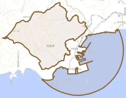 船川港船川とその周辺の地図。町の範囲を重ねている