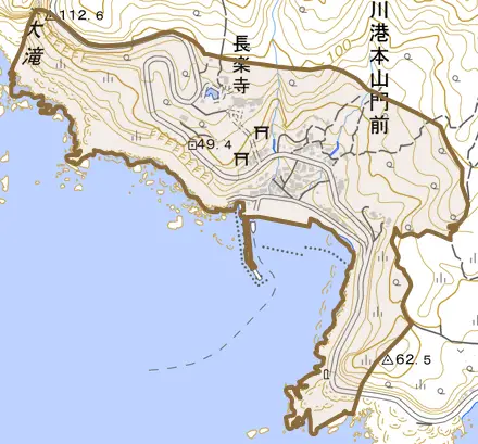 船川港本山門前とその周辺の地図。町の範囲を重ねている