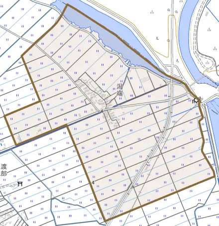 払戸とその周辺の地図。町の範囲を重ねている