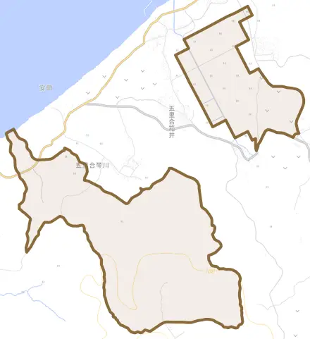 五里合箱井とその周辺の地図。町の範囲を重ねている