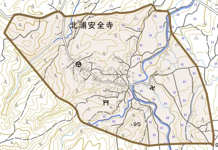 北浦安全寺とその周辺の地図。町の範囲を重ねている