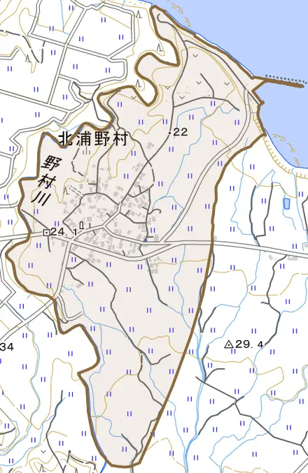 北浦野村とその周辺の地図。町の範囲を重ねている