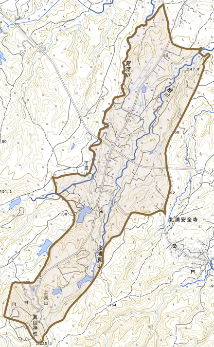 北浦真山とその周辺の地図。町の範囲を重ねている
