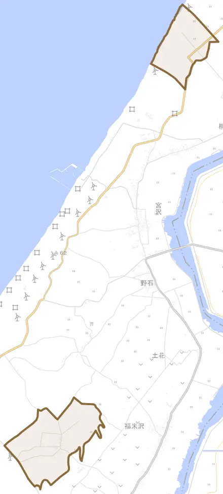 野石とその周辺の地図。町の範囲を重ねている