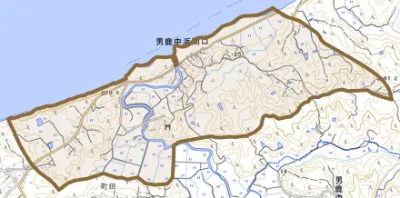 男鹿中浜間口とその周辺の地図。町の範囲を重ねている
