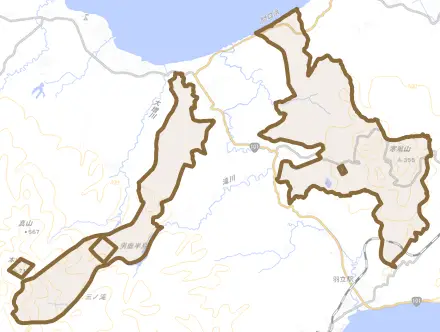 男鹿中国有地内とその周辺の地図。町の範囲を重ねている