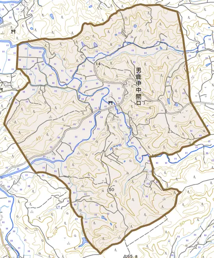 男鹿中中間口とその周辺の地図。町の範囲を重ねている