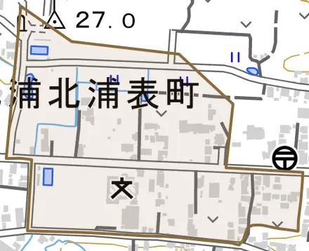 北浦表町とその周辺の地図。町の範囲を重ねている