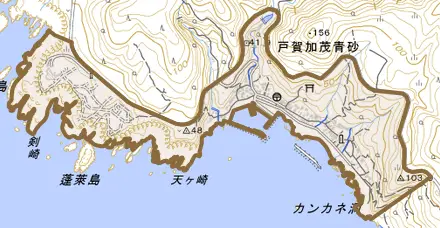 戸賀加茂青砂とその周辺の地図。町の範囲を重ねている