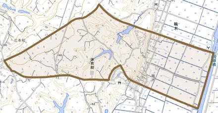 鵜木とその周辺の地図。町の範囲を重ねている