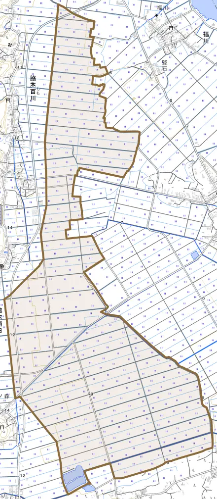 脇本脇本とその周辺の地図。町の範囲を重ねている