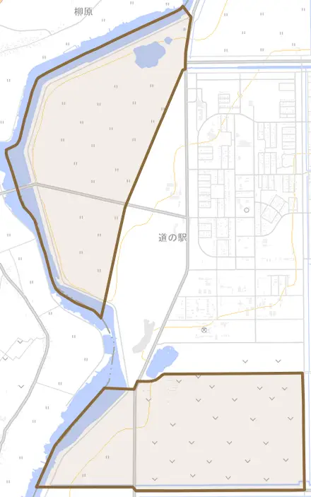 字大潟とその周辺の地図。町の範囲を重ねている