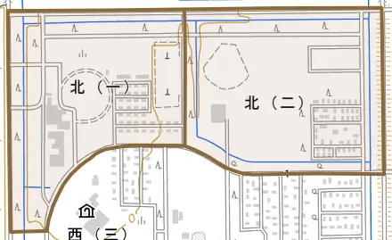 字北とその周辺の地図。町の範囲を重ねている