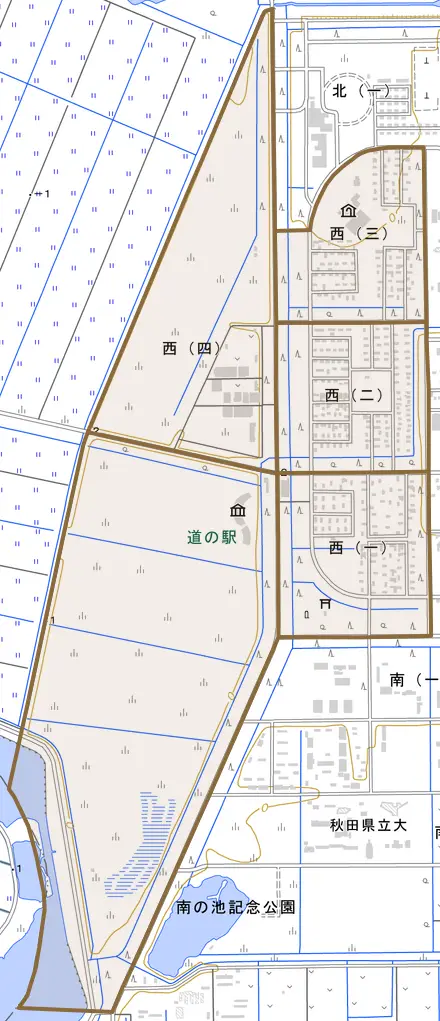 字西とその周辺の地図。町の範囲を重ねている