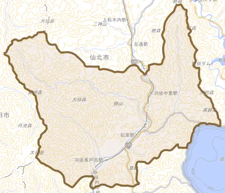 西木町桧木内とその周辺の地図。町の範囲を重ねている