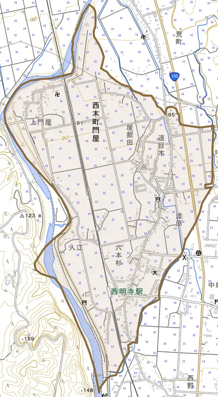 西木町門屋とその周辺の地図。町の範囲を重ねている