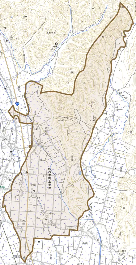 西木町上荒井とその周辺の地図。町の範囲を重ねている