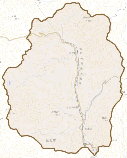 西木町上桧木内とその周辺の地図。町の範囲を重ねている