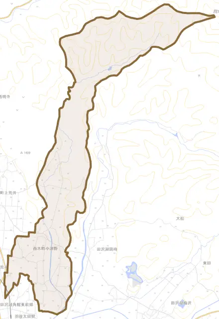 西木町小渕野とその周辺の地図。町の範囲を重ねている