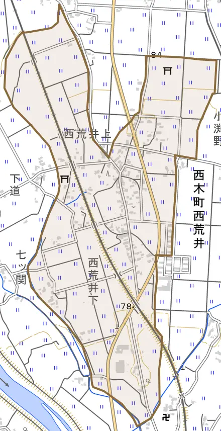 西木町西荒井とその周辺の地図。町の範囲を重ねている