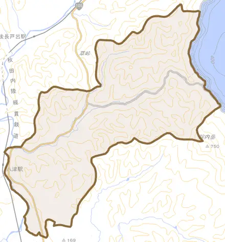 西木町西明寺とその周辺の地図。町の範囲を重ねている