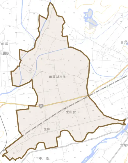 田沢湖神代とその周辺の地図。町の範囲を重ねている
