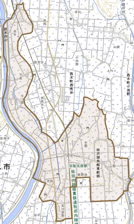 田沢湖角館東前郷とその周辺の地図。町の範囲を重ねている