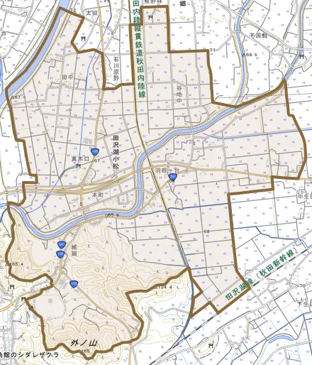田沢湖小松とその周辺の地図。町の範囲を重ねている