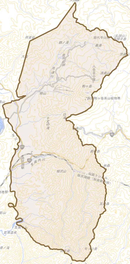 田沢湖生保内とその周辺の地図。町の範囲を重ねている