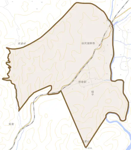 田沢湖刺巻とその周辺の地図。町の範囲を重ねている