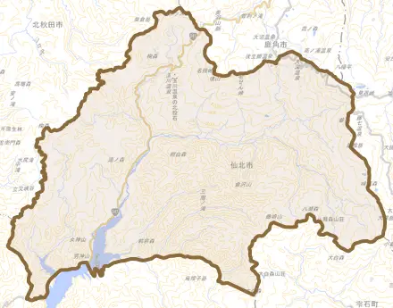 田沢湖玉川とその周辺の地図。町の範囲を重ねている