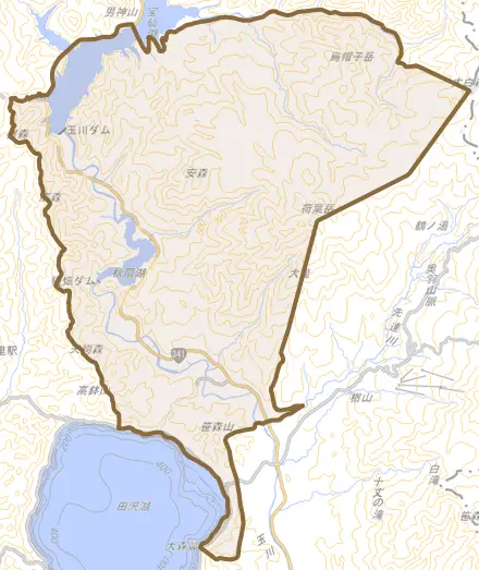 田沢湖田沢とその周辺の地図。町の範囲を重ねている