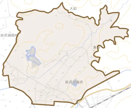 田沢湖梅沢とその周辺の地図。町の範囲を重ねている