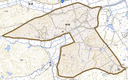 林崎とその周辺の地図。町の範囲を重ねている