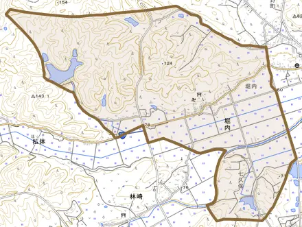 堀内とその周辺の地図。町の範囲を重ねている