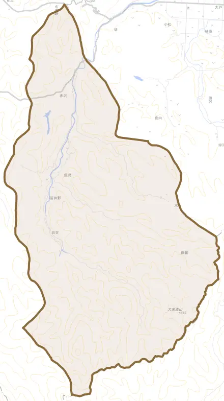 飯沢とその周辺の地図。町の範囲を重ねている