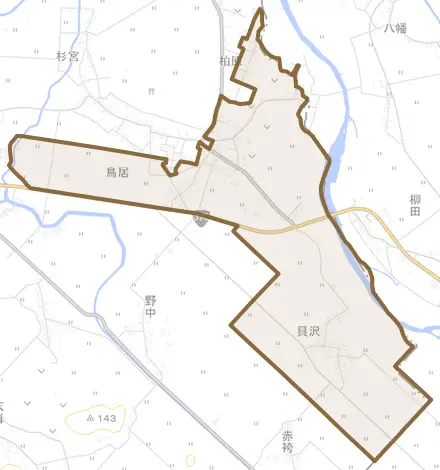 貝沢とその周辺の地図。町の範囲を重ねている