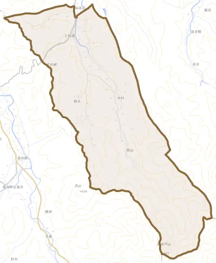 上仙道とその周辺の地図。町の範囲を重ねている