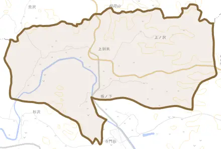 上到米とその周辺の地図。町の範囲を重ねている