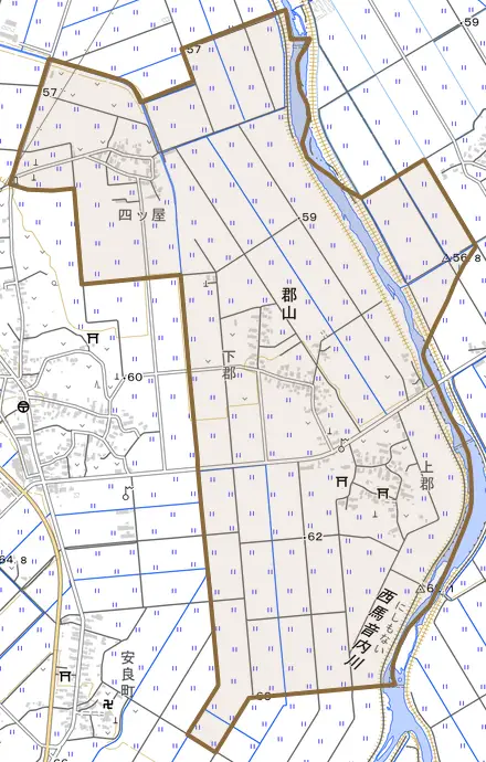 郡山とその周辺の地図。町の範囲を重ねている