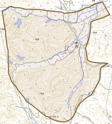 水沢とその周辺の地図。町の範囲を重ねている
