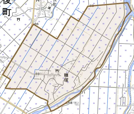 糠塚とその周辺の地図。町の範囲を重ねている