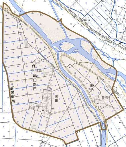 嶋田新田とその周辺の地図。町の範囲を重ねている