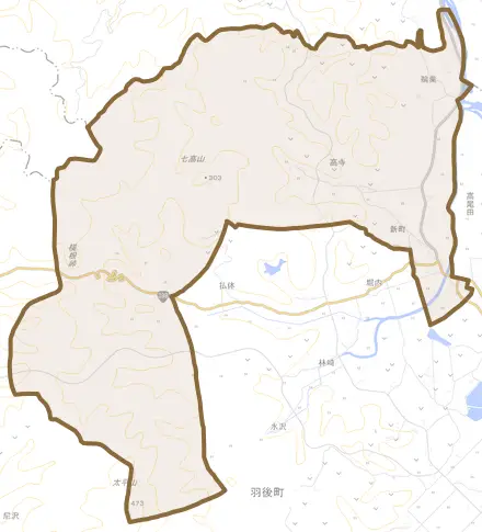 新町とその周辺の地図。町の範囲を重ねている
