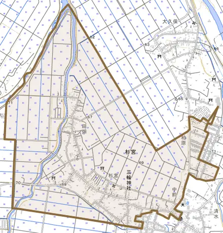 杉宮とその周辺の地図。町の範囲を重ねている