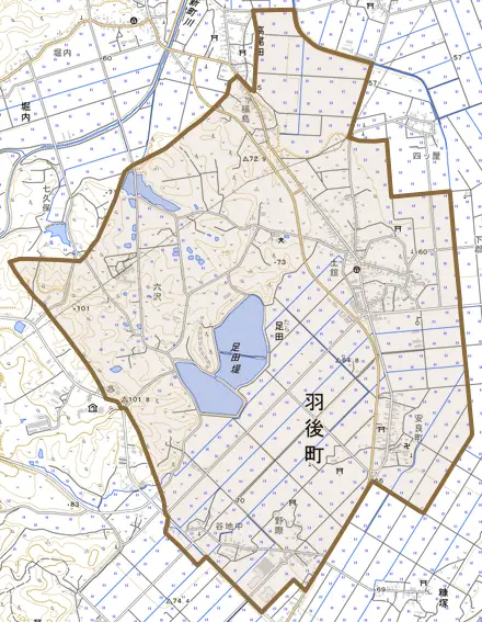 足田とその周辺の地図。町の範囲を重ねている