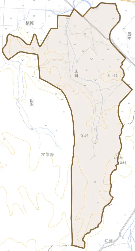 床舞とその周辺の地図。町の範囲を重ねている