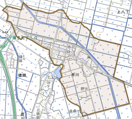 赤川とその周辺の地図。町の範囲を重ねている